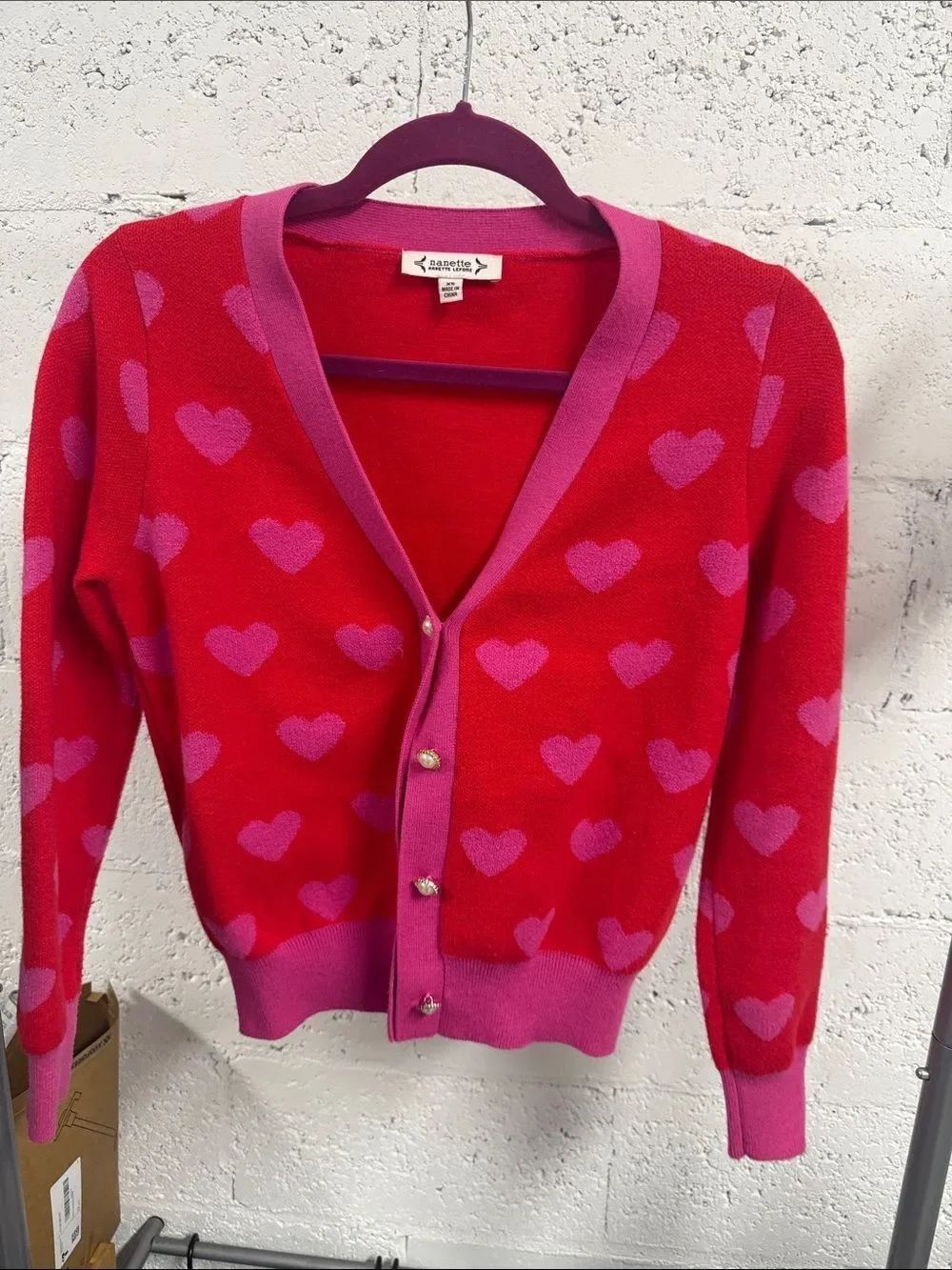 Nanette Lepore Red Cardigan with Pink Hearts - Size XS Never Worn - Gold Buttons